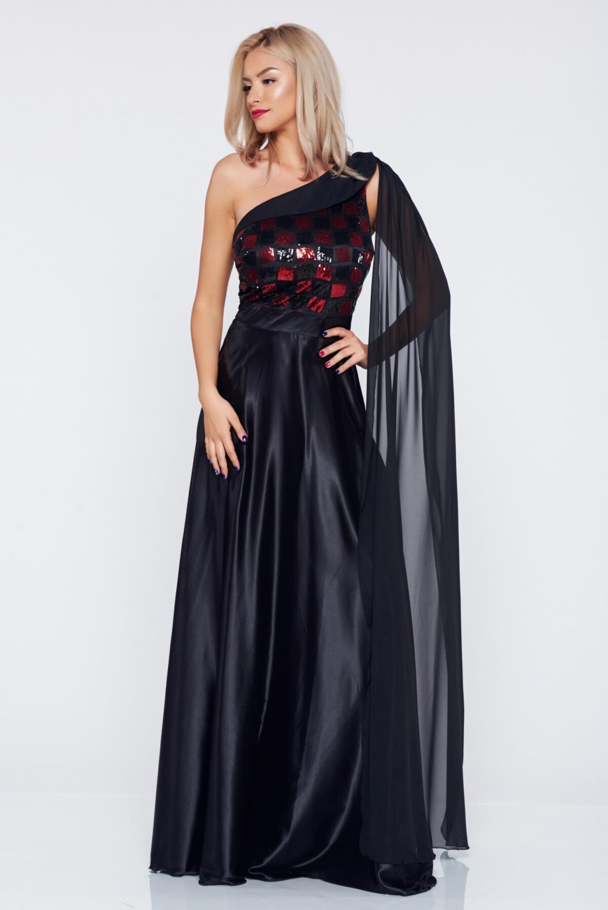 One Shoulder Black Occasional Dress With Satin Fabric Texture