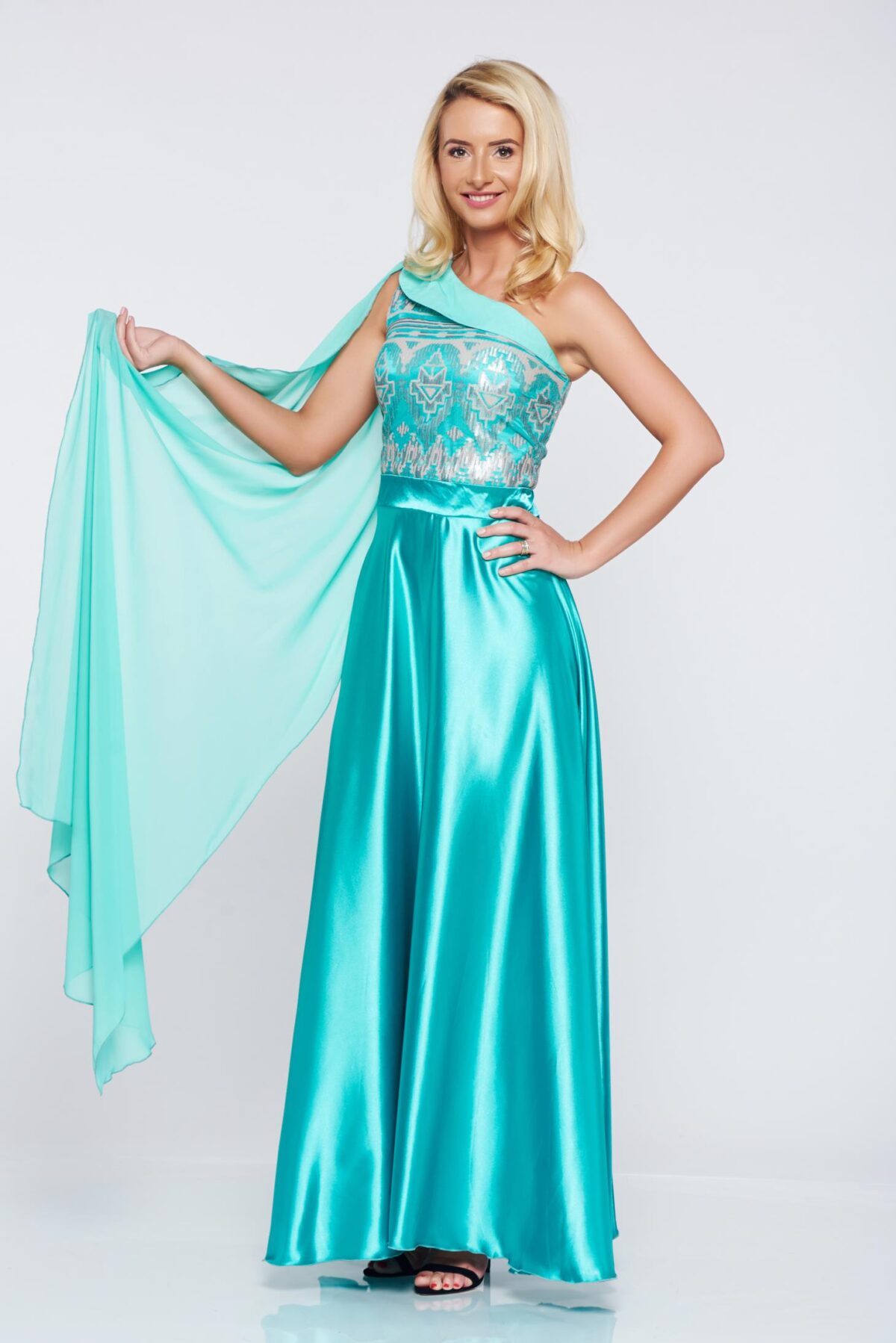 One Shoulder Green Occasional Dress With Satin Fabric Texture