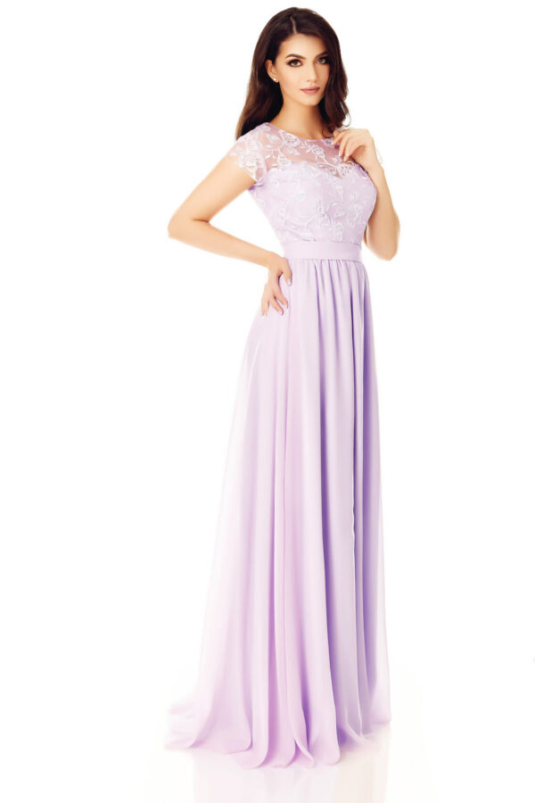 Long Lilac Voile Dress With Precious Lace Bust Embroidered With Sequins