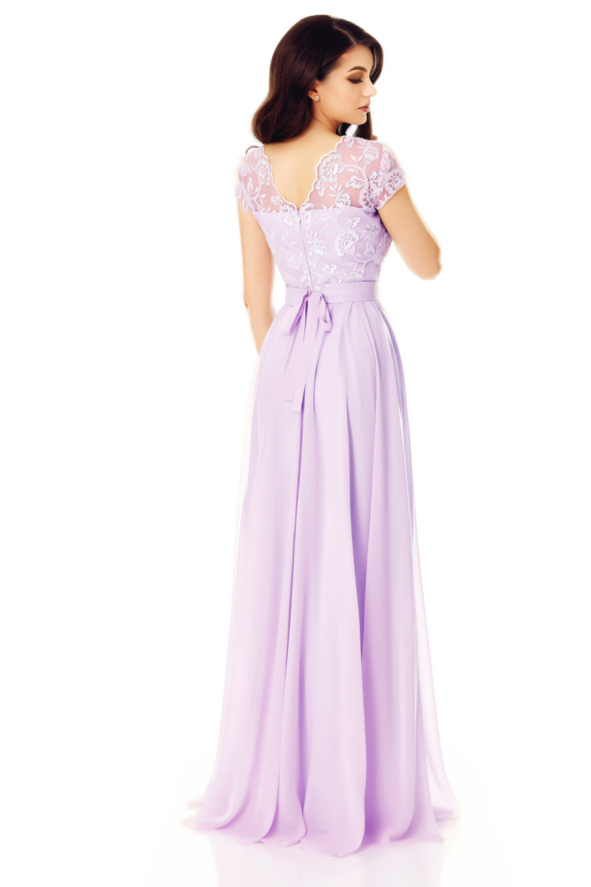 Long Lilac Voile Dress With Precious Lace Bust Embroidered With Sequins