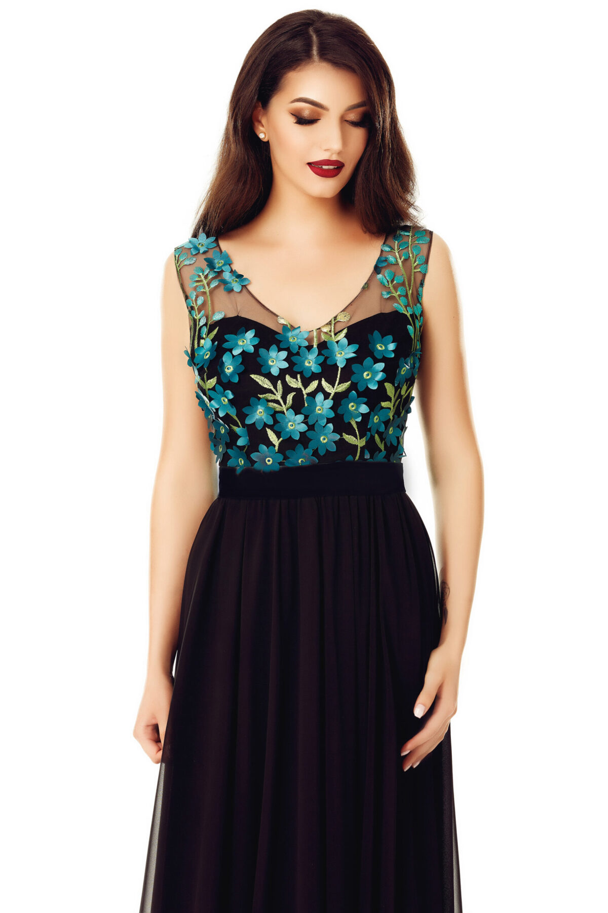 Long Black Dress Of Voile With Delicate Lace Bust And Turquoise Flowers