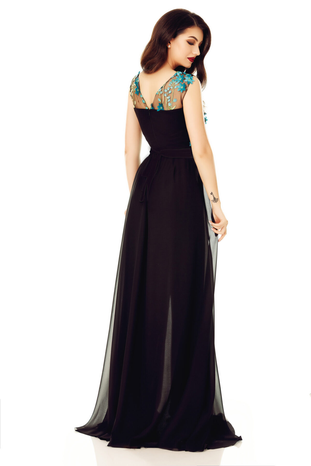 Long Black Dress Of Voile With Delicate Lace Bust And Turquoise Flowers