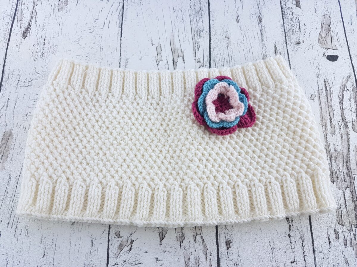 Knitted Warmer  White With Flowers