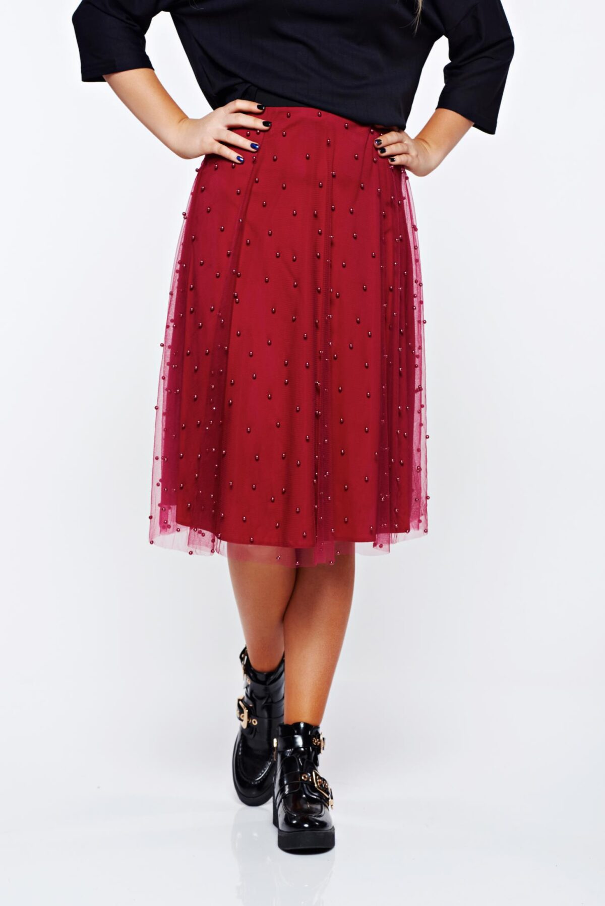 Burgundy Skirt Casual Of Tulle With Small Beads Embellished Details And Inside Lining