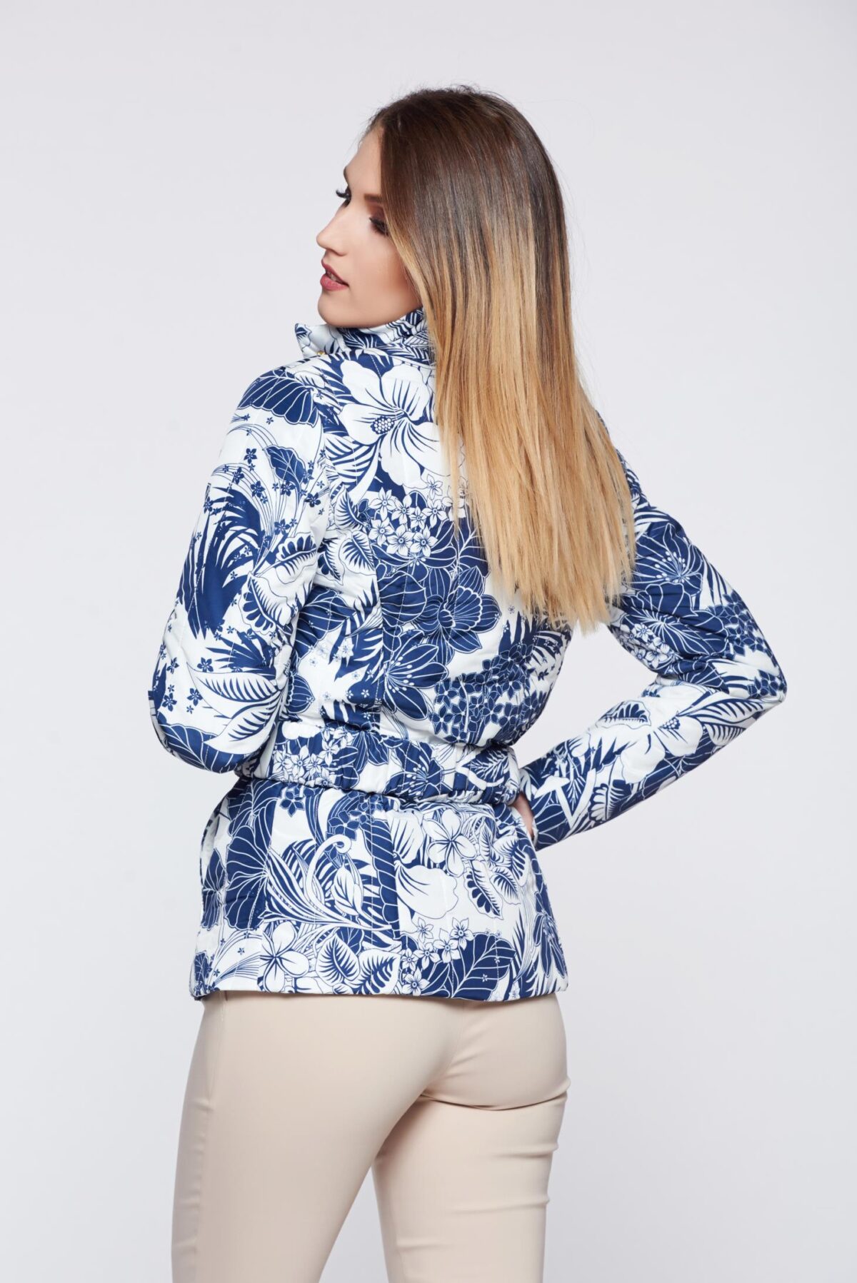 Blue Casual Jacket With Floral Prints Accessorized With Tied Waistband