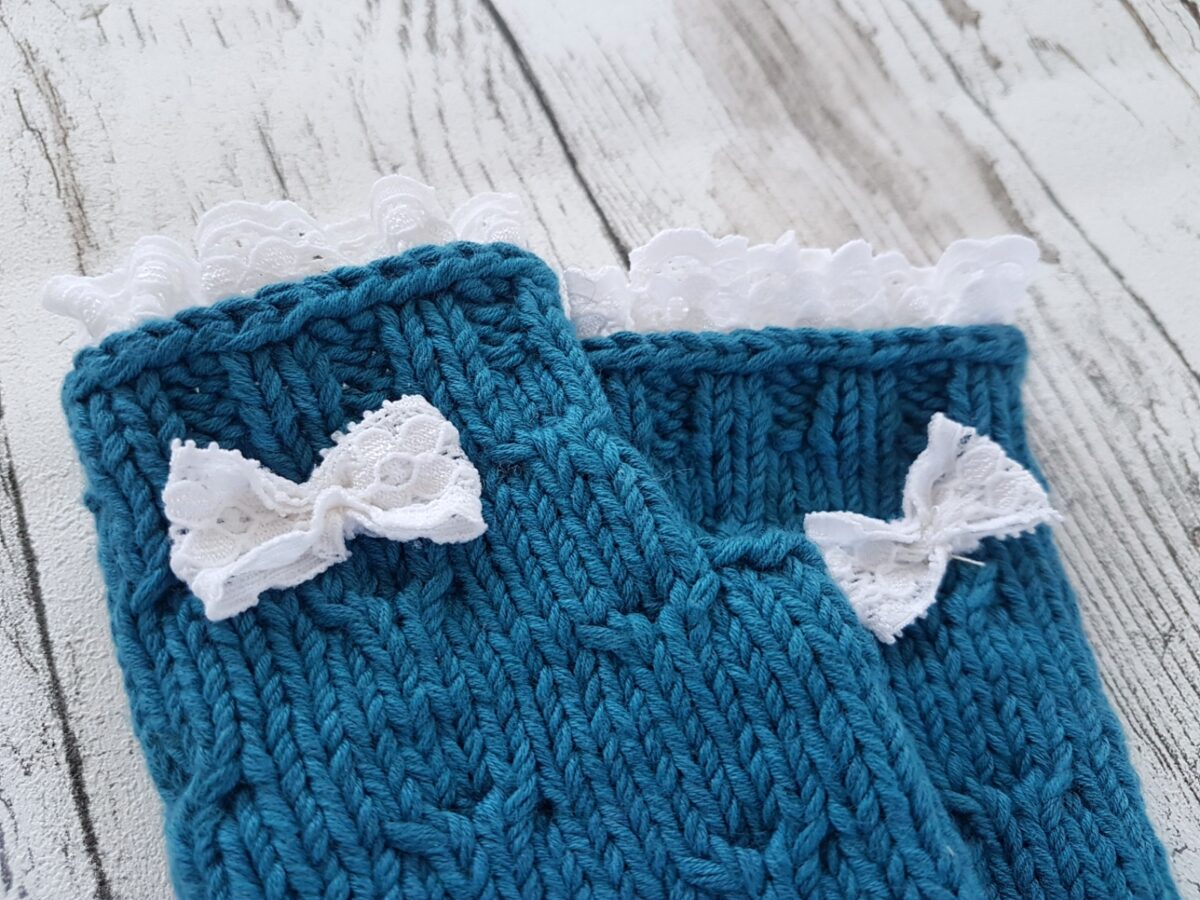 Blue-White Lace Bow Fingerless Mittens