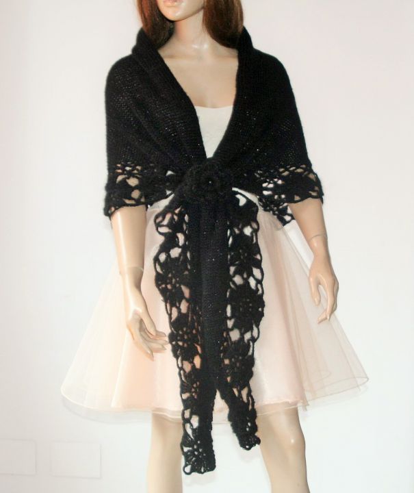 Black Knitted And Crocheted Shawl