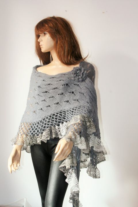 Gray Knitted And Crocheted Shawl