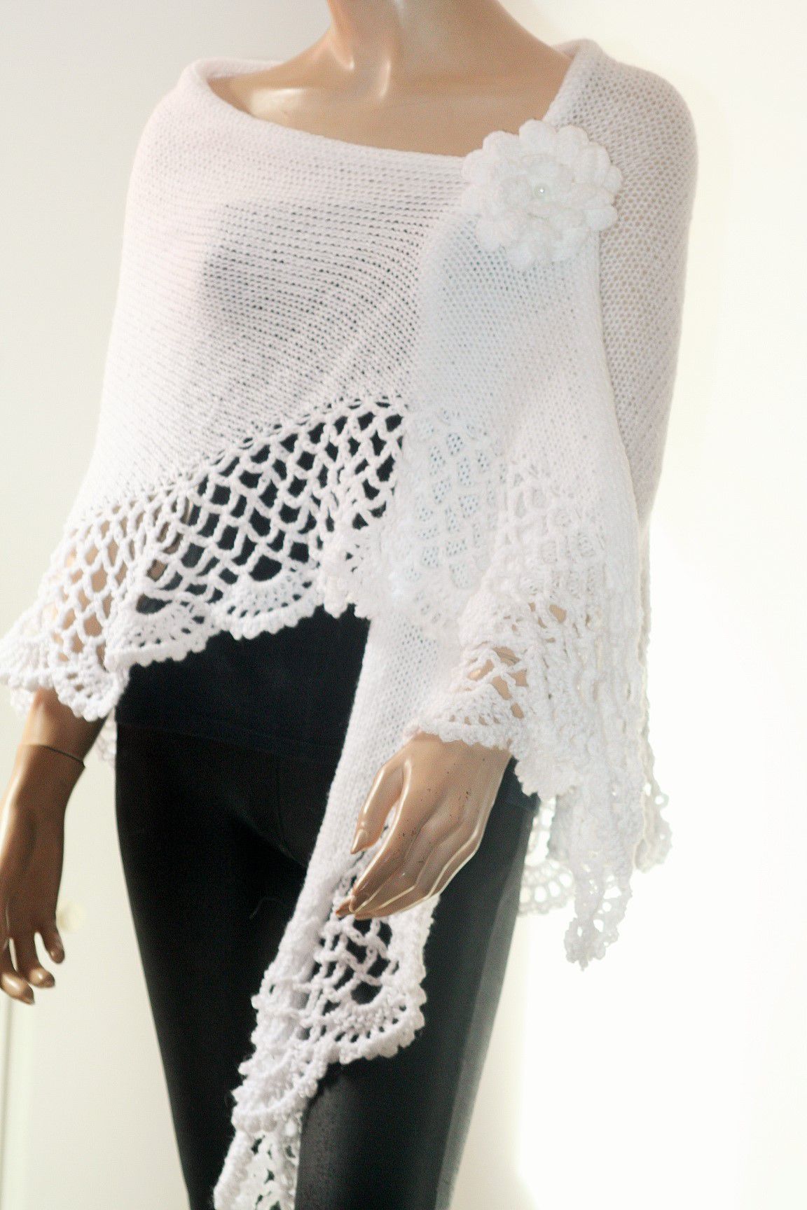 White Knitted And Crocheted Shawl